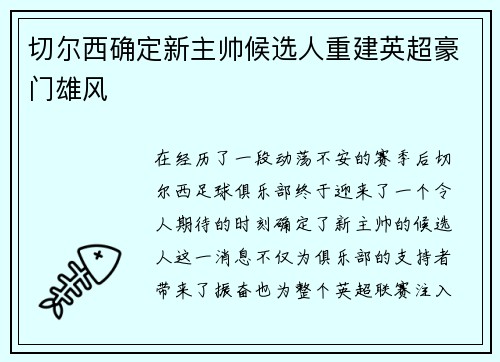 切尔西确定新主帅候选人重建英超豪门雄风